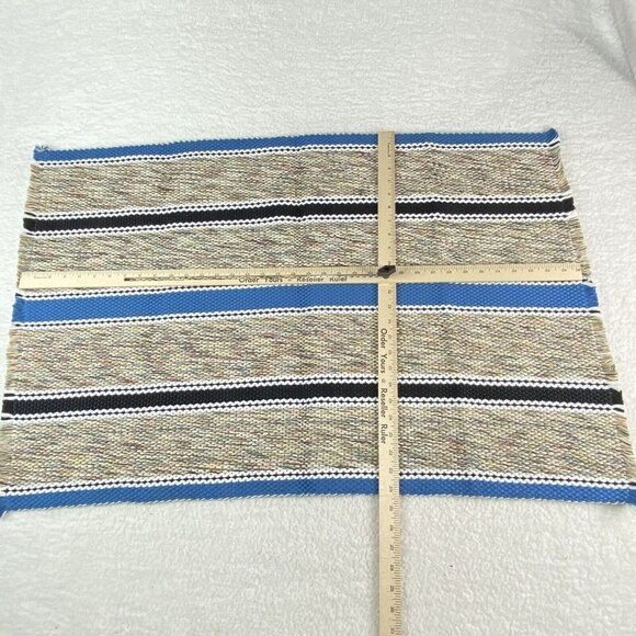 Hand Woven Throw‎ Rug 36x24 Blue Black Stripe Chindi Rag Reversible Fringe - Picture 4 of 7